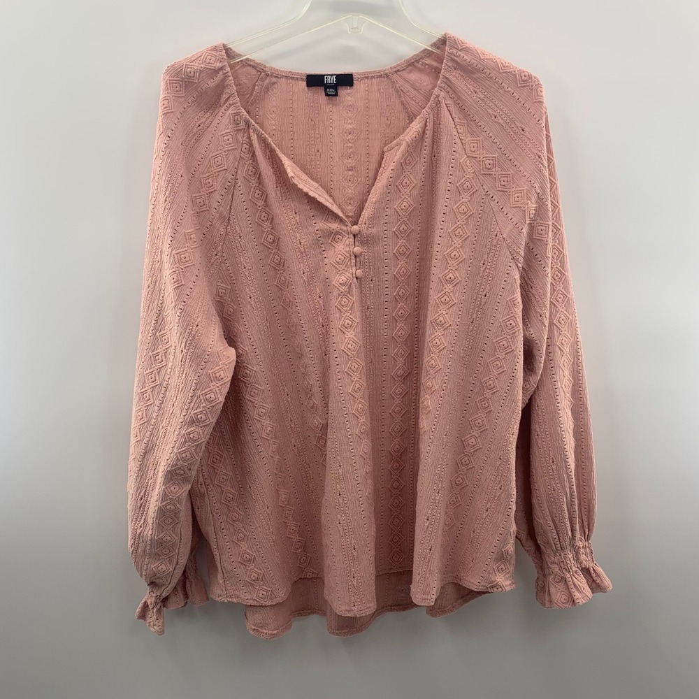 Frye Blouse Womens XXL Pink Pointelle Knit Long Sleeve Ruffle‎ Cuff Top Blouse